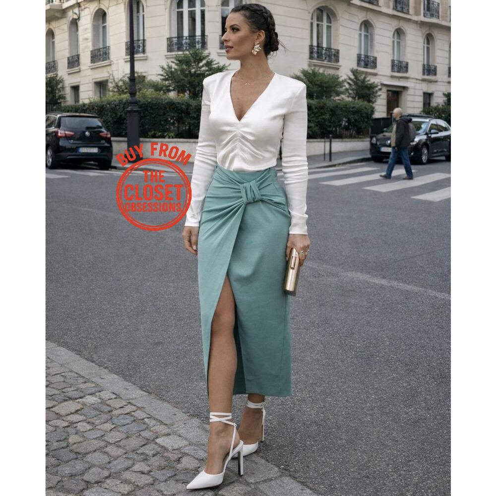 ZARA Blogger Fave Sea Green Front Wrap Midi Skirt Knot Detail NWT - Picture 12 of 16
